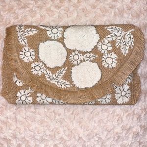 NWT burlap embroidered tan and white clutch with optional crossbody strap